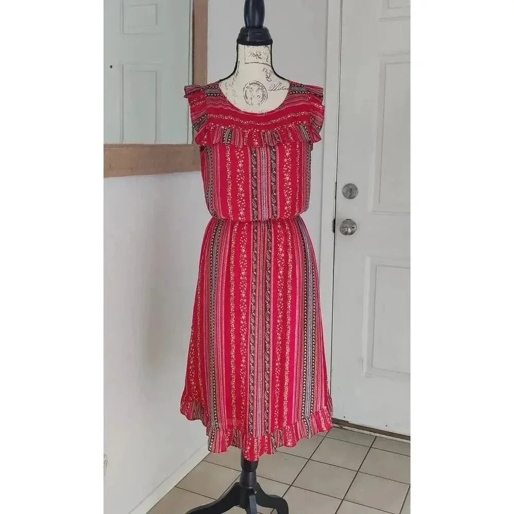 LOFT Floral Ditsy Red Cap Sleeve Midi Dress Casual Party Sz S Fit & Flare Ruffle